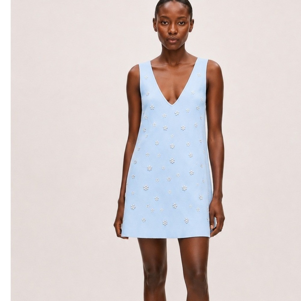 Zara Beaded Knit Sky Blue Mini Dress Small NWT